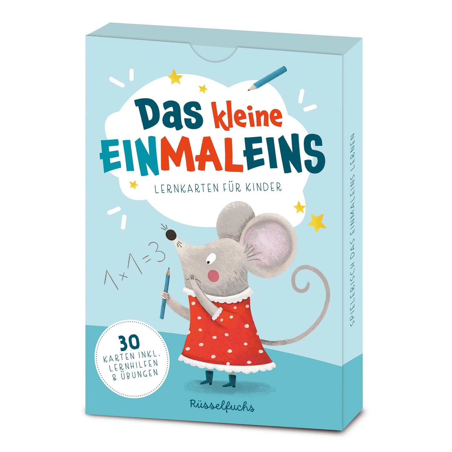 Handgezeichnete Einmaleinskarten zum Üben des 1x1 mit den Reihen 1 bis 10: 30 Karten mit Übungsmaterial und Lernhilfen, ideal für das spielerische Erlernen der Multiplikation, verpackt in einer Faltschachtel.