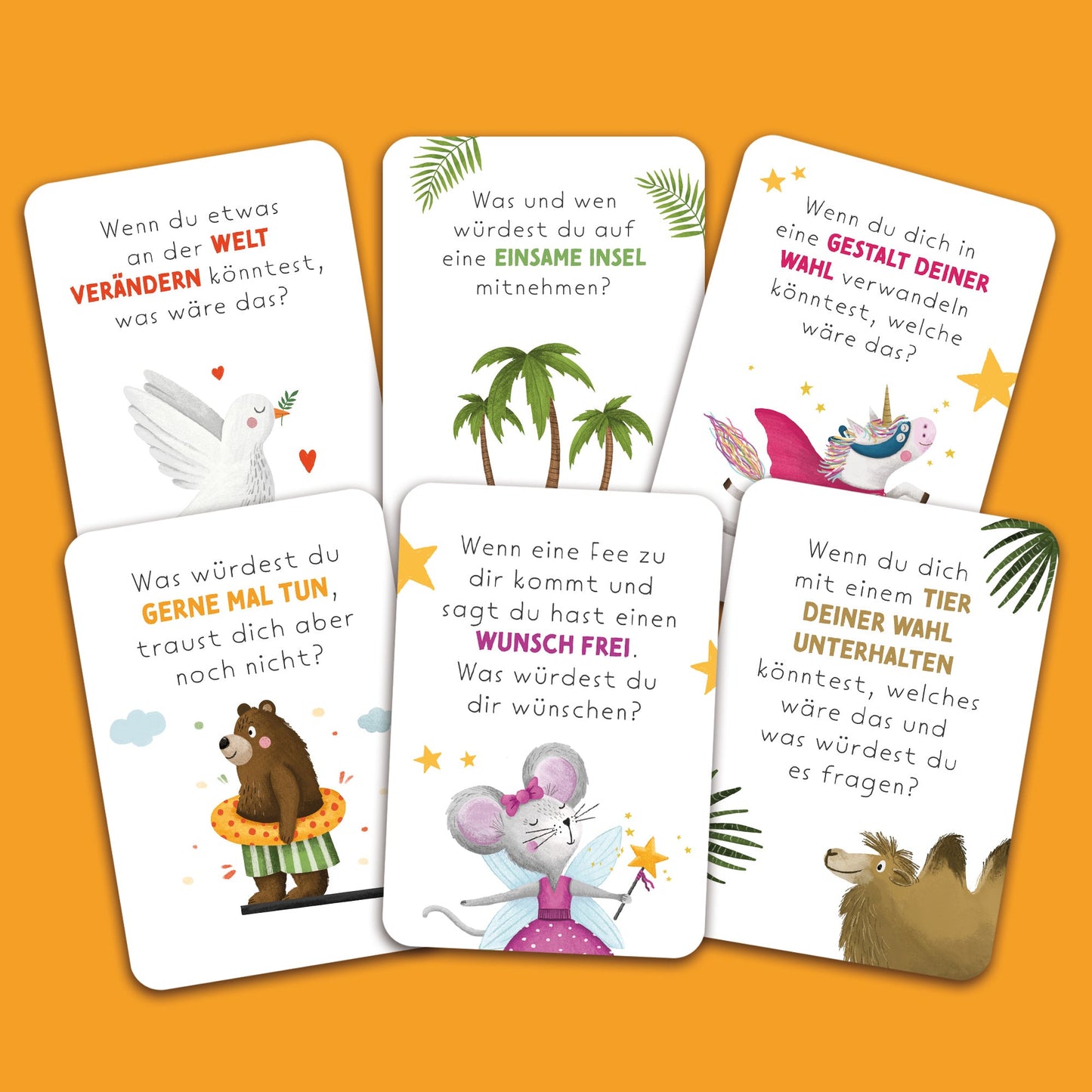 Handgezeichnetes Kartenset mit Gesprächskarten: 40 Karten mit anregenden Fragen und Illustrationen, ideal für Gespräche und zur Förderung der Kommunikation in Gruppen oder Familien, verpackt in einer Faltschachtel.