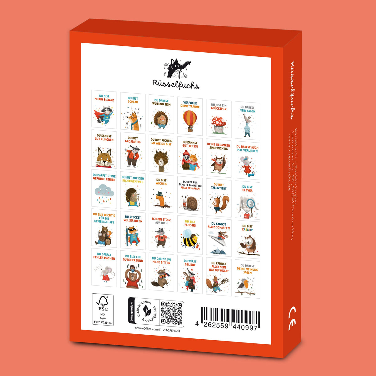 starke mutmacher postkarten mit affirmationen in du form hergestellt in deutschland handgezeichnet ohne ki tierillustrationen verpackung rückseite