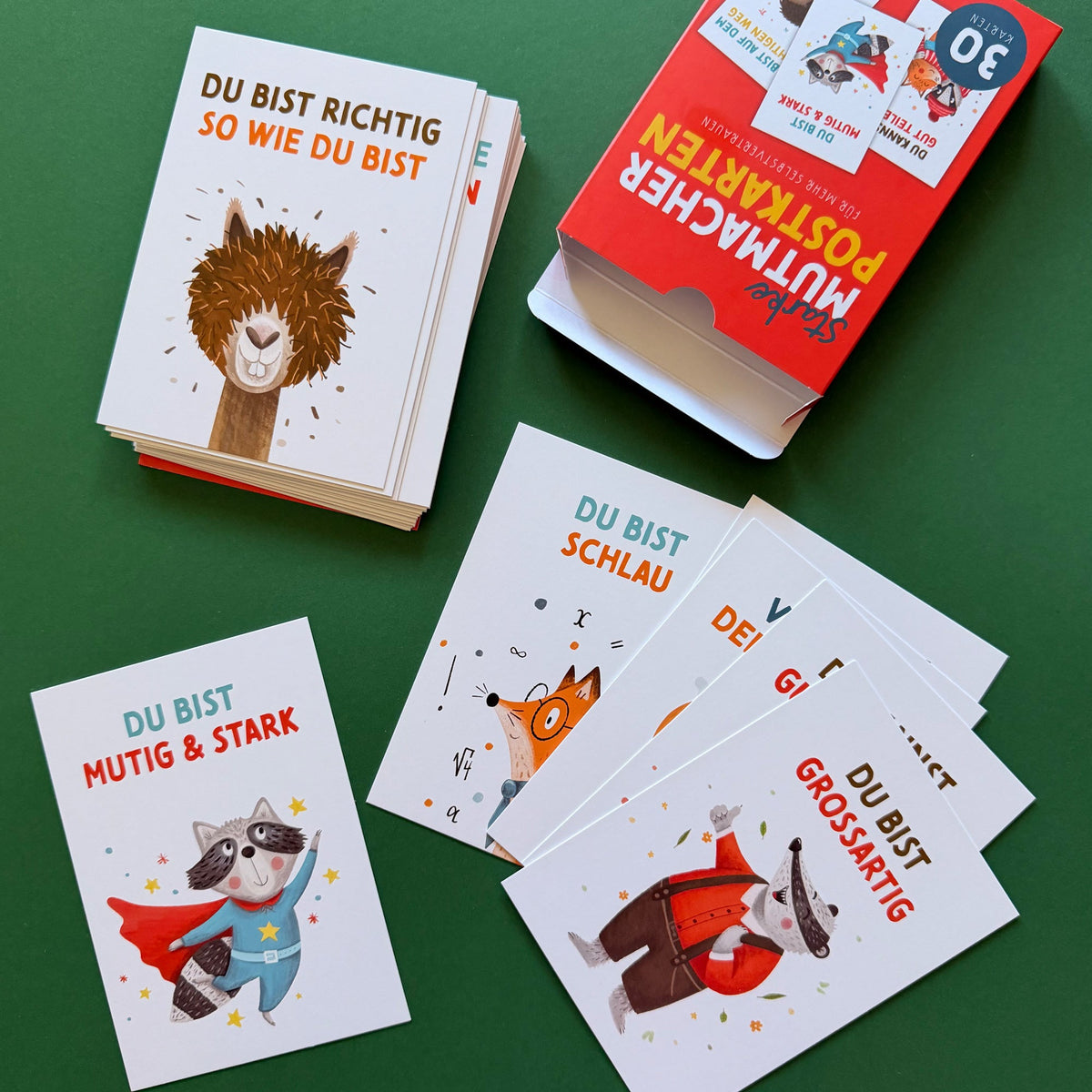 starke mutmacher postkarten mit affirmationen in du form hergestellt in deutschland handgezeichnet ohne ki tierillustrationen