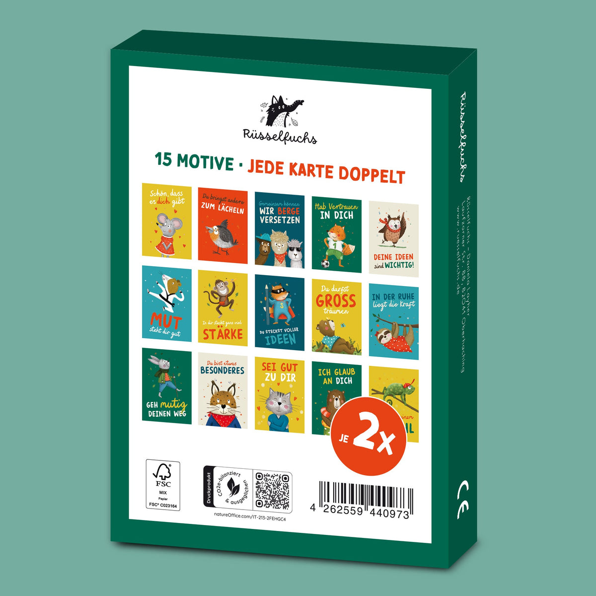 rüsselfuchs tierische mutmacher postkarten handgezeichnet verpackung rückseite