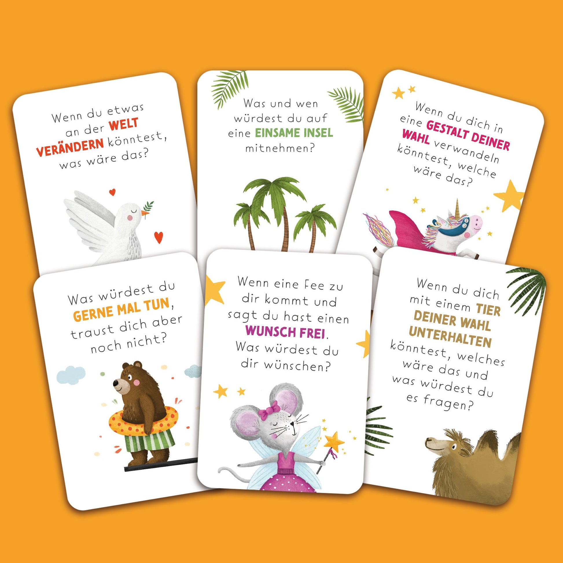 Handgezeichnetes Kartenset mit Gesprächskarten: 40 Karten mit anregenden Fragen und Illustrationen, ideal für Gespräche und zur Förderung der Kommunikation in Gruppen oder Familien, verpackt in einer Faltschachtel.
