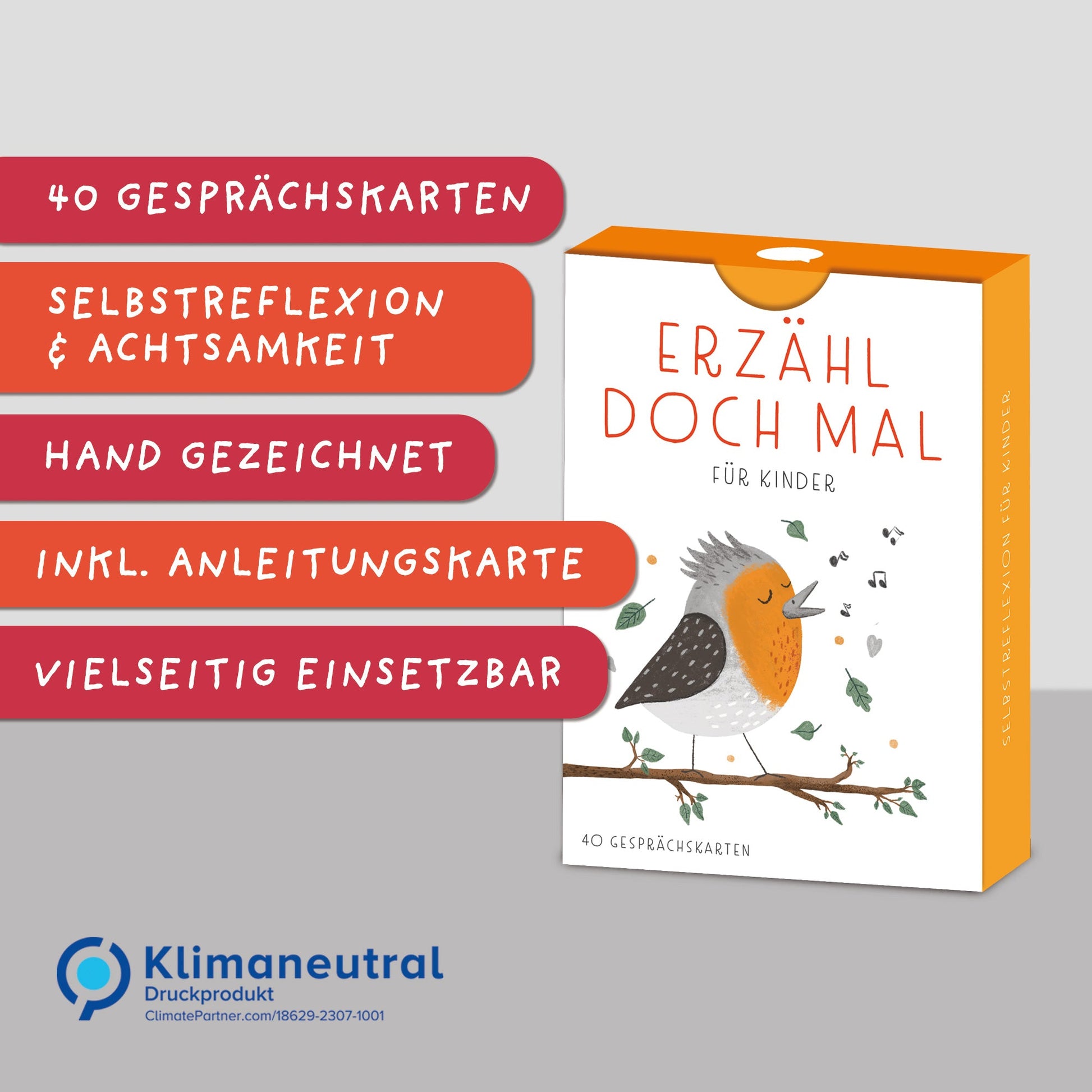 Handgezeichnetes Kartenset mit Gesprächskarten: 40 Karten mit anregenden Fragen und Illustrationen, ideal für Gespräche und zur Förderung der Kommunikation in Gruppen oder Familien, verpackt in einer Faltschachtel.