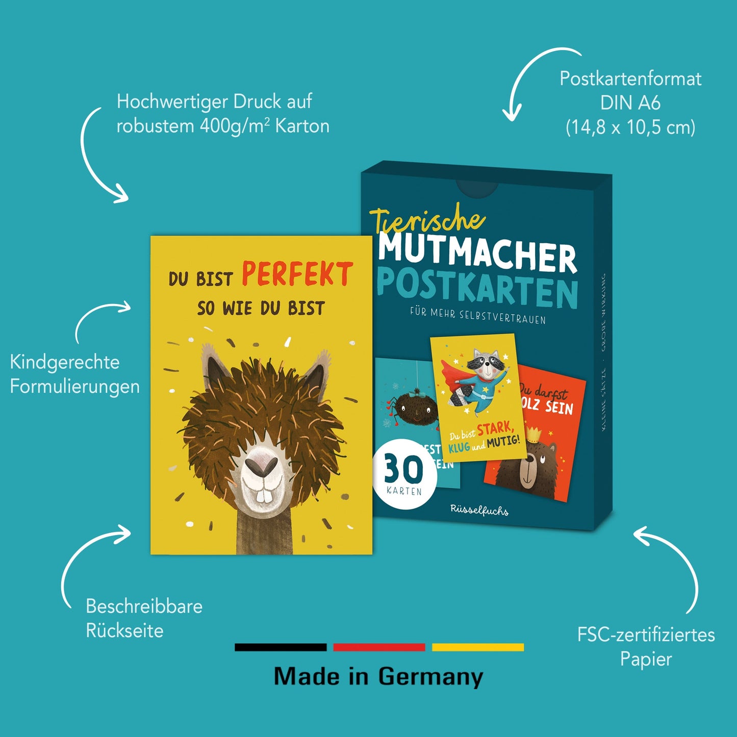 Tierische Mutmacher-Postkarten | 30er-Set | 15 Motive, jedes Motiv doppelt