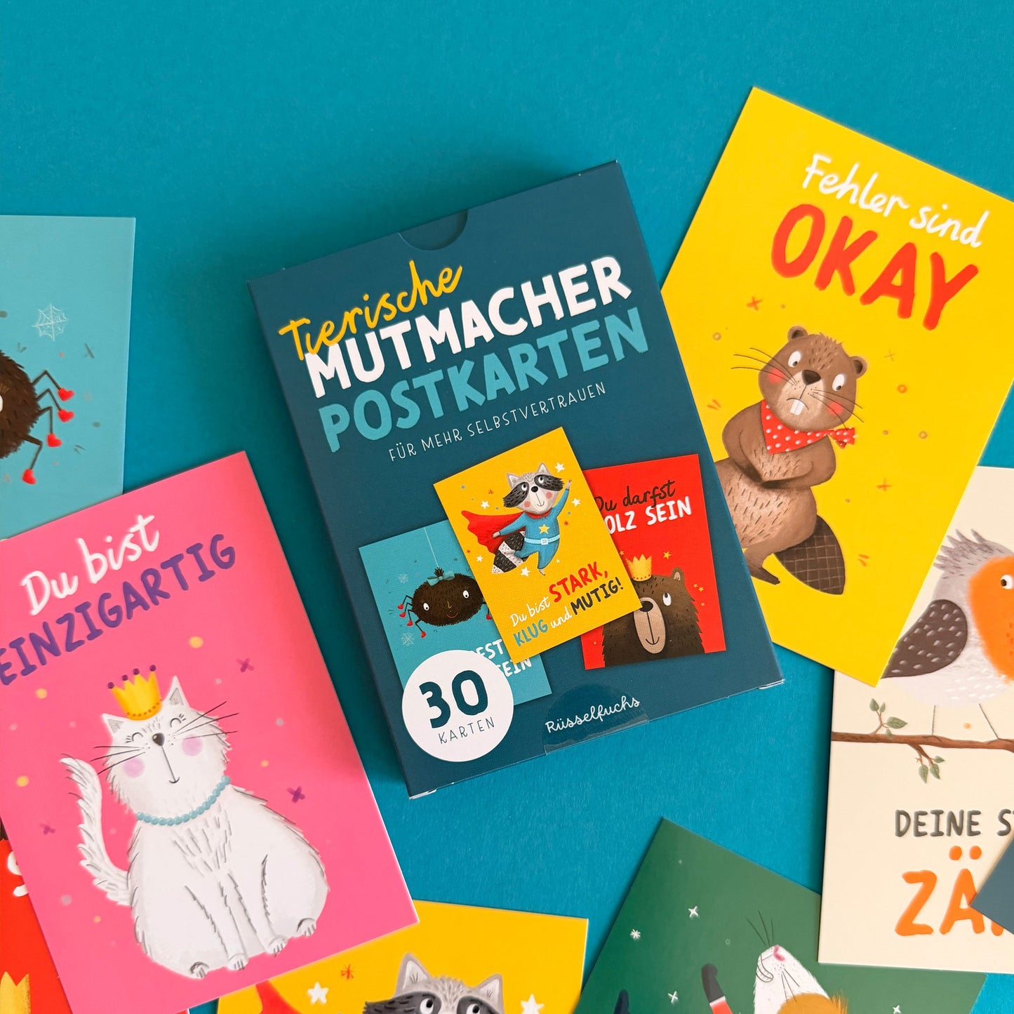 Tierische Mutmacher-Postkarten | 30er-Set | 15 Motive, jedes Motiv doppelt