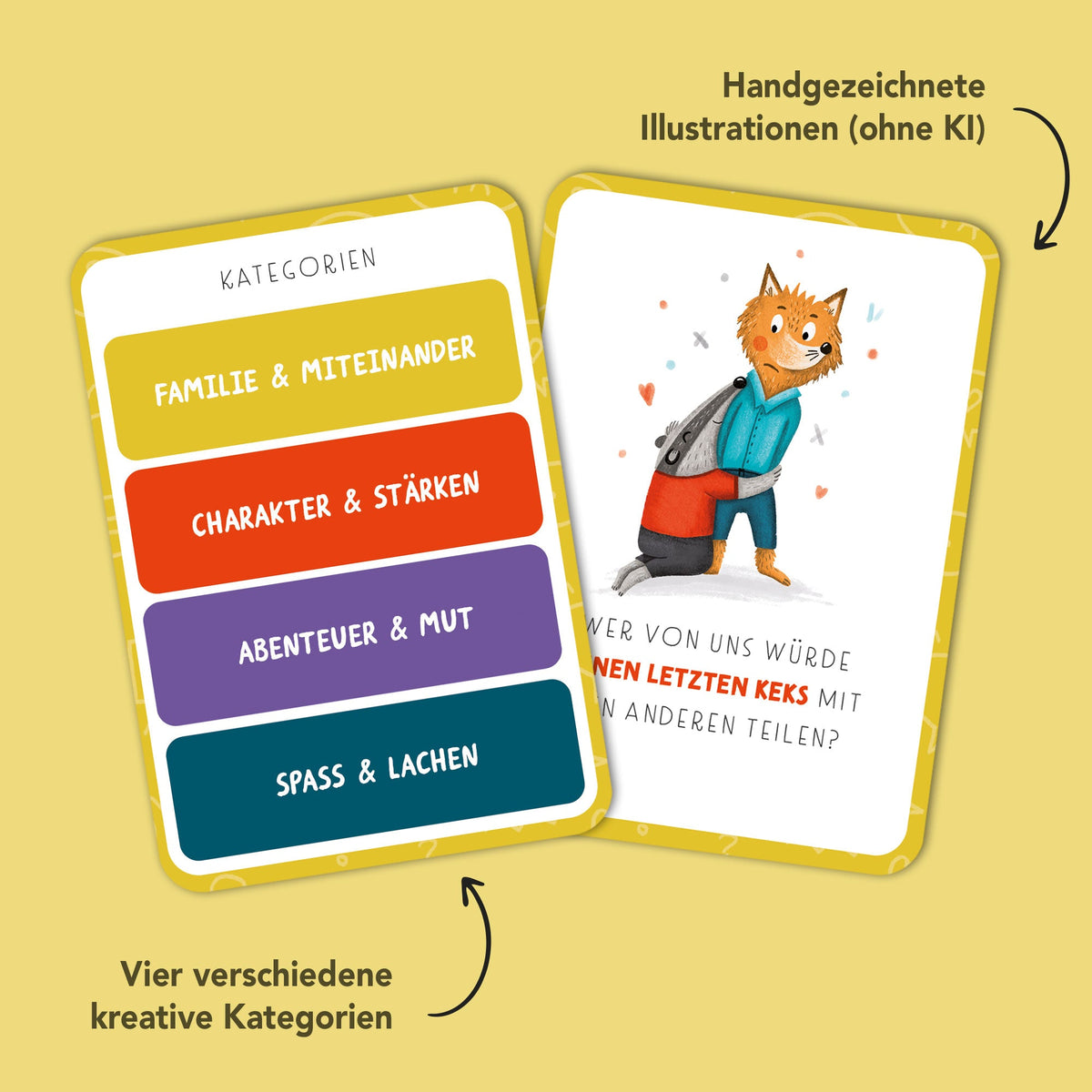 Wer von uns? Kartenspiel für Kinder – gemeinsam Stärken entdecken mit 40 liebevoll illustrierten Karten Kategorien Familie & Miteinander, Charakter & Stärken, Abenteuer & Mut, Spaß & Lachen